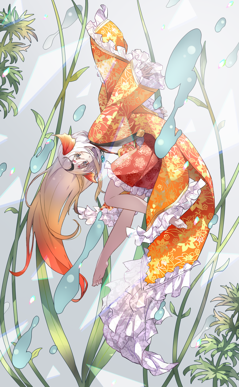 1girl :o barefoot bent_over black_hair blush facial_mark fake_tail fins fish fish_girl fish_tail floral_print foot_up frilled_sleeves frills from_side full_body goldfish grey_background grey_hair hakama hakama_skirt haori head_fins highres jacket japanese_clothes jewelry kimono long_hair looking_at_viewer looking_to_the_side magatama magatama_necklace multicolored_hair necklace orange_hair original personification plantar_flexion print_jacket ramuya_(lamb) red_hakama red_skirt sash seaweed short_eyebrows skirt sleeves_past_fingers sleeves_past_wrists solo streaked_hair submerged tail triangle very_long_hair water