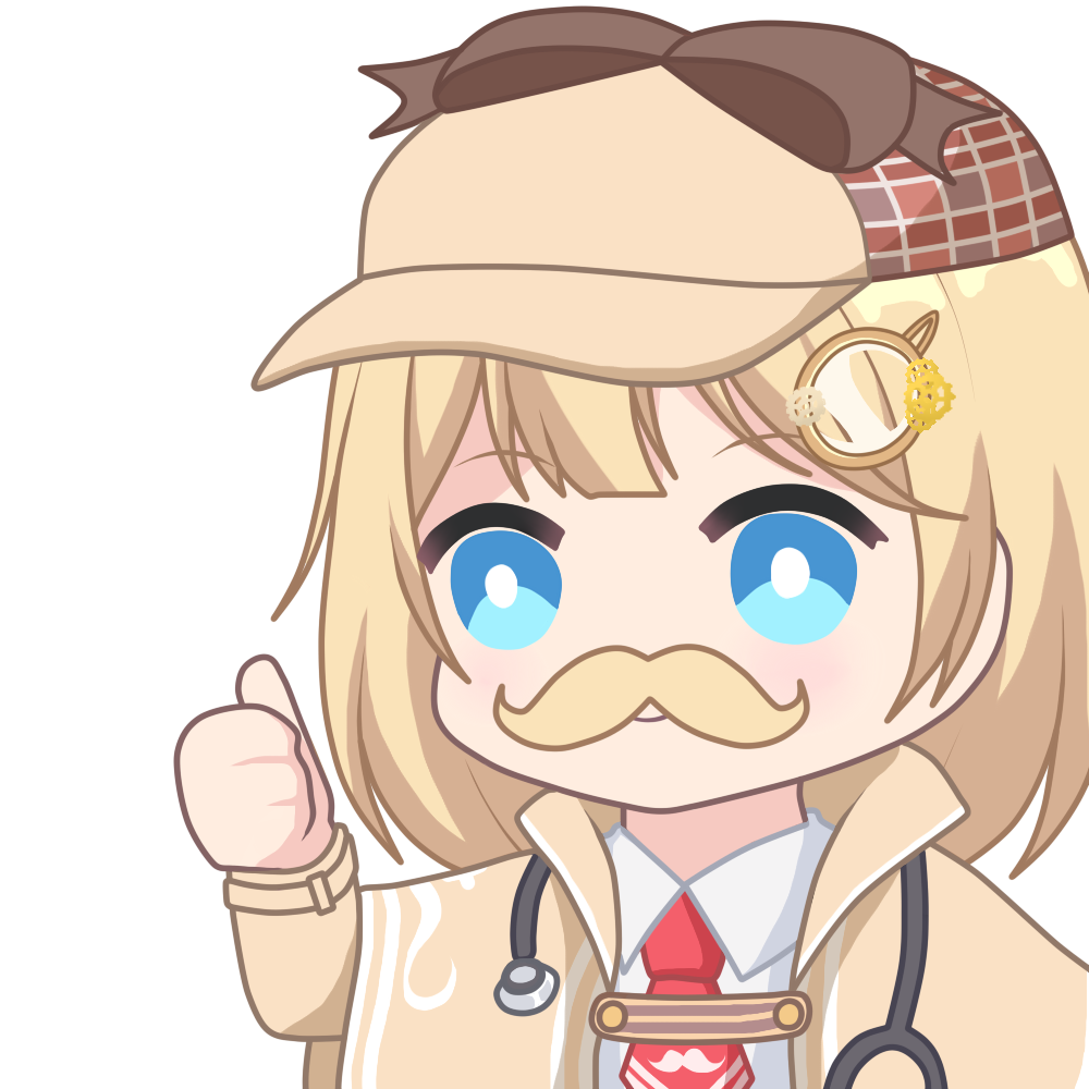 1girl aprob_(meme) blonde_hair blue_eyes bow bright_pupils brown_headwear chibi coat collared_shirt deerstalker fake_facial_hair fake_mustache hair_ornament hat hat_bow hololive hololive_english meme monocle_hair_ornament multicolored_clothes multicolored_headwear necktie red_necktie shirt short_hair short_necktie smile solo stethoscope thumbs_up upper_body virtual_youtuber watson_amelia watson_amelia_(1st_costume) white_pupils white_shirt yellow_coat zephylyne