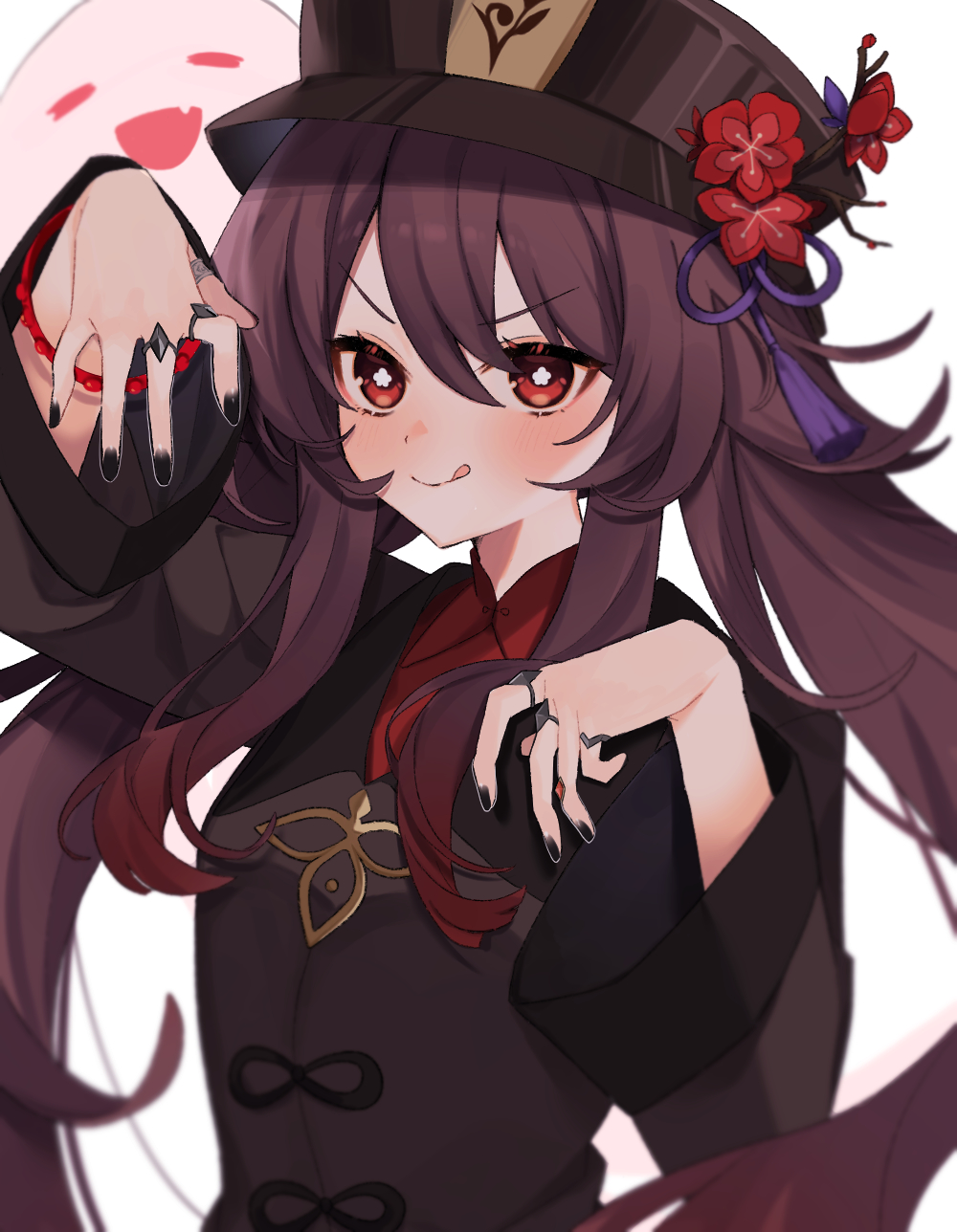 1girl :q bead_bracelet beads black_nails boo_tao_(genshin_impact) bracelet bright_pupils brown_hair brown_headwear chinese_clothes closed_mouth collared_coat flower flower-shaped_pupils genshin_impact ghost ghost_pose gradient_hair hair_between_eyes hat hat_flower hat_tassel highres hu_tao_(genshin_impact) jewelry long_hair long_sleeves looking_at_viewer multicolored_hair multiple_rings outline plum_blossoms porkpie_hat red_eyes red_shirt redhead ring shirt sidelocks sideways_glance simple_background smile solo symbol-shaped_pupils tassel thumb_ring tongue tongue_out twintails upper_body uxco0 v-shaped_eyebrows white_background white_outline white_pupils wide_sleeves