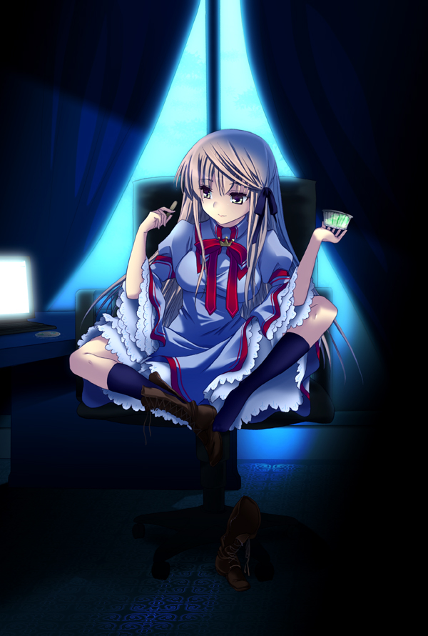 1girl black_ribbon black_socks boots boots_removed breasts brown_footwear chair closed_mouth commentary_request computer curtains desk dress food frilled_dress frilled_sleeves frills hair_between_eyes hair_ribbon hands_up holding holding_food indian_style indoors juliet_sleeves kazamatsuri_institute_high_school_uniform laptop large_breasts light_brown_hair long_hair long_sleeves looking_to_the_side night office_chair on_chair puffy_sleeves red_ribbon rewrite ribbon school_uniform senri_akane sidelighting sidelocks sitting smile socks solo straight-on sumeragi_hamao swivel_chair very_long_hair white_dress wide_shot wide_sleeves yellow_eyes