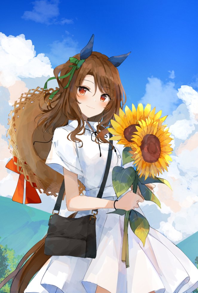 1girl alternate_costume animal_ears bag blush bow bracelet brown_hair closed_mouth collared_dress day dress flower hair_bow hat hat_around_neck holding holding_flower horse_ears horse_girl horse_tail jewelry king_halo_(umamusume) mountain ninjin_nouka one_side_up outdoors red_eyes short_sleeves shoulder_bag smile solo straw_hat sunflower tail tree umamusume upper_body white_dress