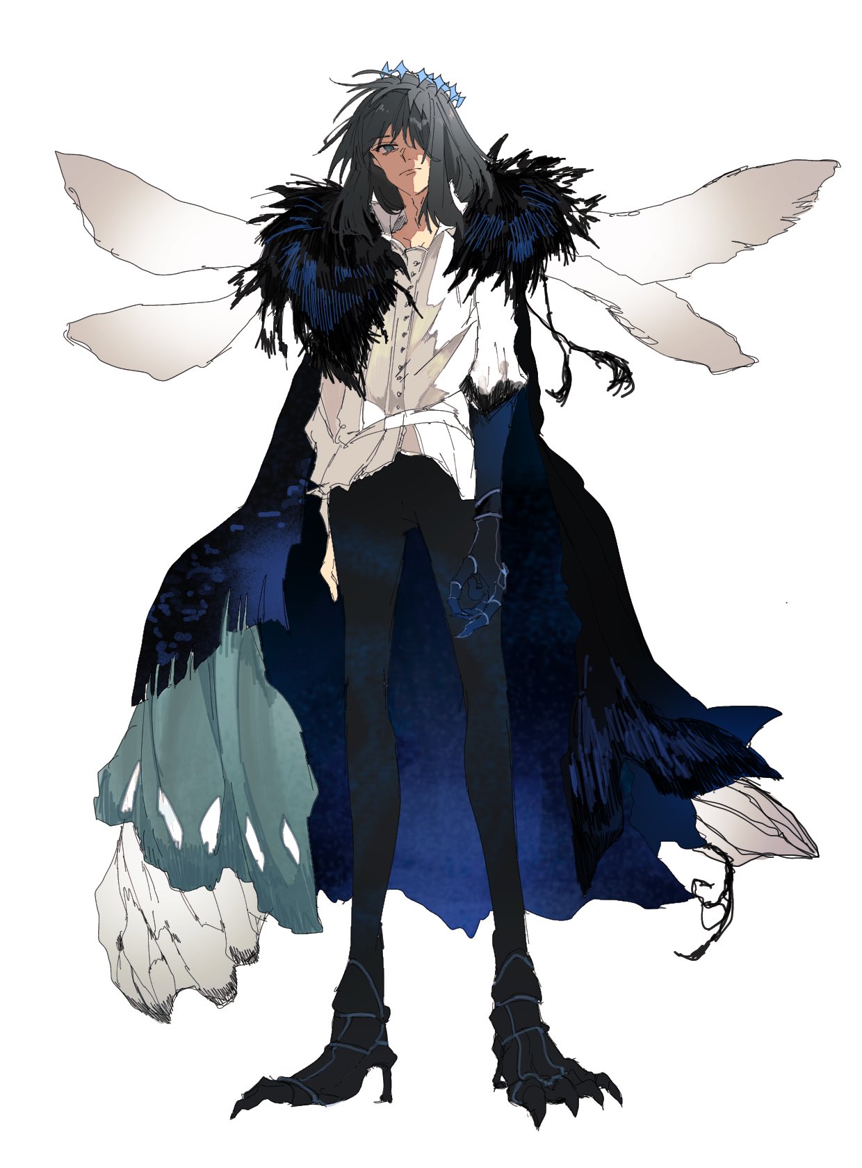 1boy arthropod_boy arthropod_limbs blue_eyes cape collared_shirt crown diamond_hairband dragonfly_wings fate/grand_order fate_(series) full_body fur-trimmed_cape fur_trim grey_hair hair_over_one_eye highres insect_wings kuriimu0203 long_sleeves looking_at_viewer male_focus medium_hair oberon_(fate) oberon_(third_ascension)_(fate) shirt simple_background solo straight-on white_background white_shirt wings