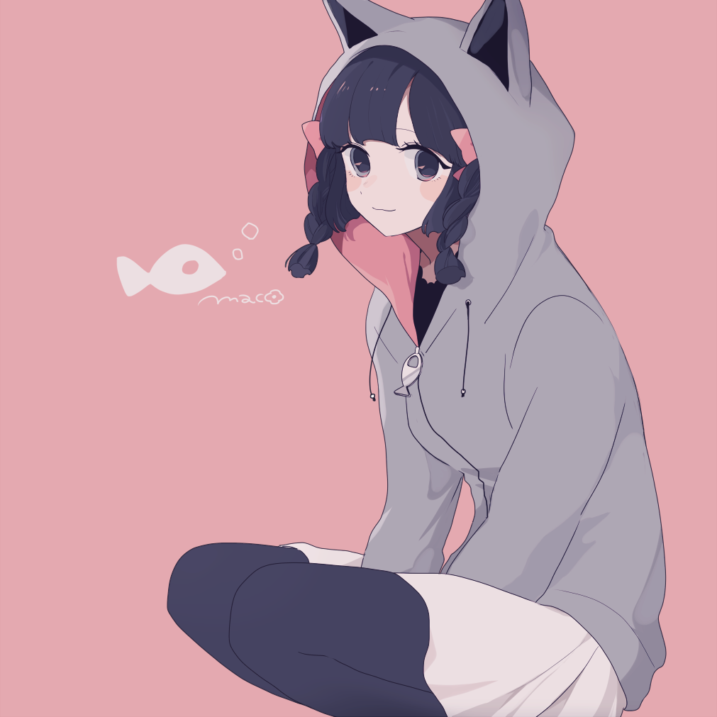 1girl :3 animal_hood arms_between_legs artist_name black_hair black_pantyhose black_shirt blush_stickers bow breasts cat_hood closed_mouth commentary drawstring feet_out_of_frame fish grey_eyes grey_hood grey_hoodie hair_bow hood hoodie looking_at_viewer maco22 medium_hair original pantyhose pink_background pink_bow shirt signature simple_background skirt slouching small_breasts solo squatting symbol-only_commentary tareme two-sided_fabric white_skirt zipper_pull_tab