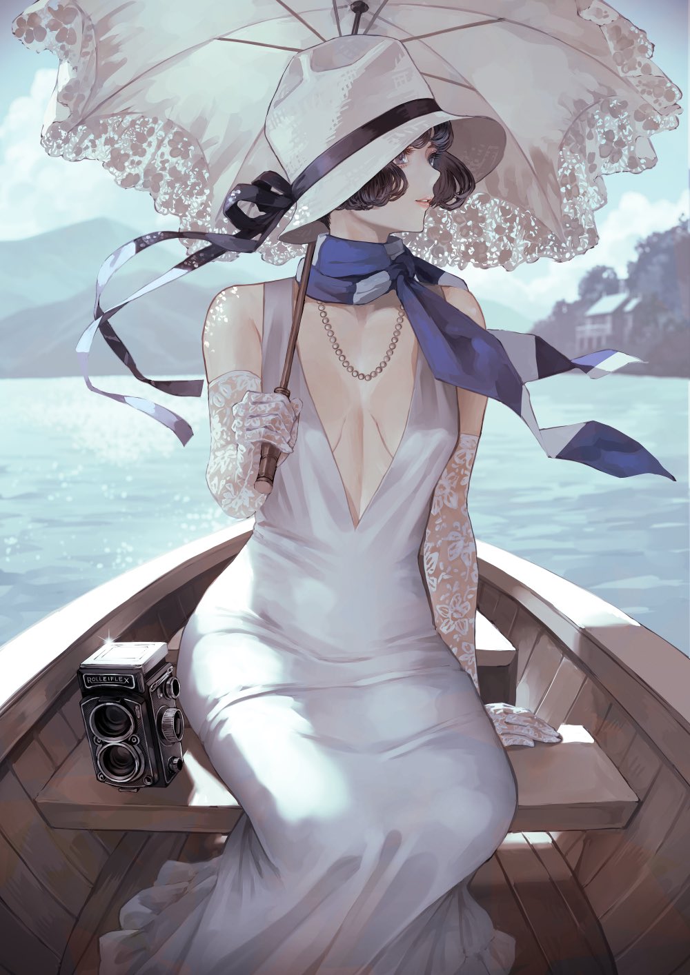 1girl bare_shoulders black_eyes black_hair blue_scarf blue_sky boat bob_cut breasts camera day dress elbow_gloves floral_print gloves hat hat_ribbon highres holding holding_umbrella jewelry kaoming lace lace_gloves lake looking_to_the_side mountain necklace original outdoors parasol pearl_necklace ribbon scarf sitting sky smile solo sun_hat umbrella water watercraft white_dress white_gloves white_headwear