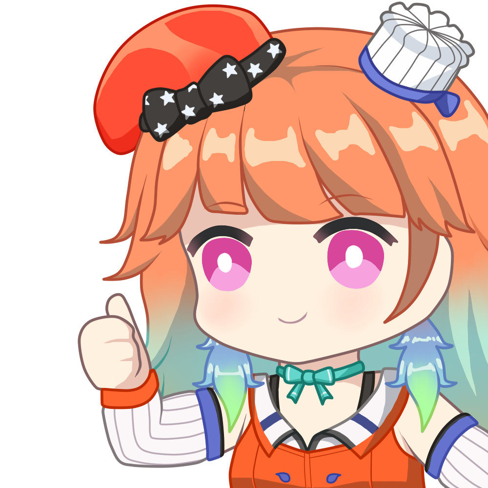 1girl aprob_(meme) beret black_bow bow bowtie bright_pupils chef_hat chibi collared_shirt detached_sleeves earrings feather_earrings feathers gradient_hair green_bow green_bowtie green_hair hat hololive hololive_english jewelry long_hair meme mini_hat multicolored_hair multiple_hats orange_hair orange_headwear orange_shirt pink_eyes shirt smile solo star_(symbol) star_print takanashi_kiara takanashi_kiara_(1st_costume) thumbs_up upper_body vertical-striped_sleeves virtual_youtuber white_headwear white_pupils white_sleeves zephylyne