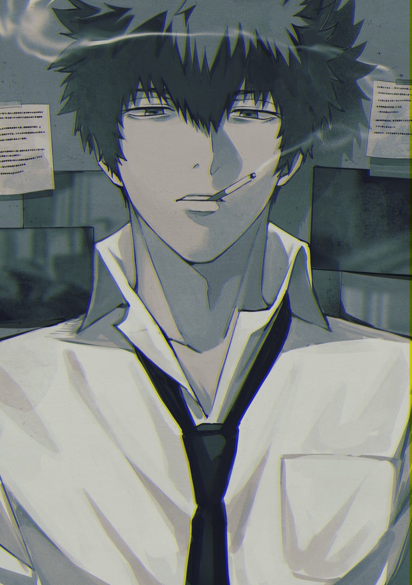 1boy black_eyes black_necktie breast_pocket collared_shirt double-parted_bangs facing_viewer grey_theme kougami_shin'ya messy_hair necktie open_mouth paper partially_unbuttoned photo_(object) pocket psycho-pass shirt short_hair smoking sticky_note very_short_hair white_shirt yukin_(es)