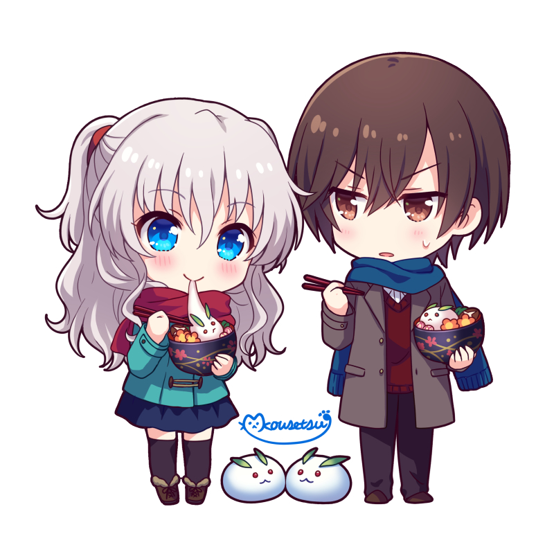 1boy 1girl aqua_jacket black_thighhighs blue_eyes blue_scarf blue_skirt blush boots bowl brown_coat brown_eyes brown_footwear brown_hair casual charlotte_(anime) chibi chopsticks closed_mouth coat commentary_request crossed_bangs eating food frown grey_hair hair_between_eyes half_updo holding holding_bowl holding_chopsticks jacket jitome kousetsu long_hair looking_at_another miniskirt mochi mochi_trail open_mouth otosaka_yuu red_scarf scarf short_hair short_ponytail signature simple_background skirt smile snow_rabbit sweatdrop thigh-highs tomori_nao v-shaped_eyebrows wavy_hair white_background winter_clothes zettai_ryouiki
