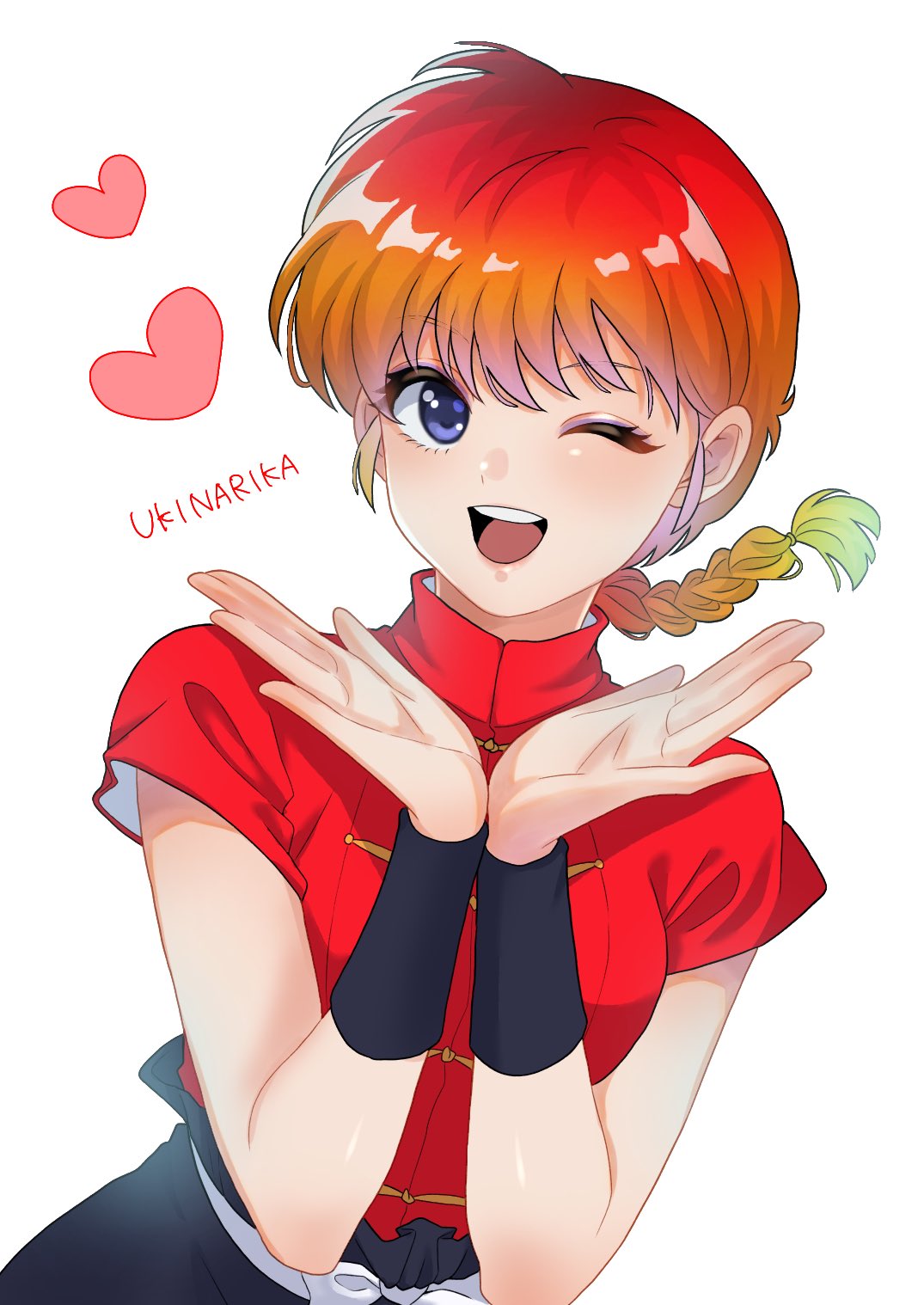 1girl ;d artist_name black_pants blonde_hair blue_eyes braid braided_ponytail breasts chinese_clothes commentary eyelashes frog_button gradient_hair hands_up heart highres large_breasts looking_at_viewer mandarin_collar multicolored_hair one_eye_closed open_mouth own_hands_together pants ranma-chan ranma_1/2 red_shirt redhead romaji_text round_teeth shirt short_sleeves simple_background single_braid smile solo tangzhuang teeth toggles ukinarika upper_body upper_teeth_only w_arms white_background