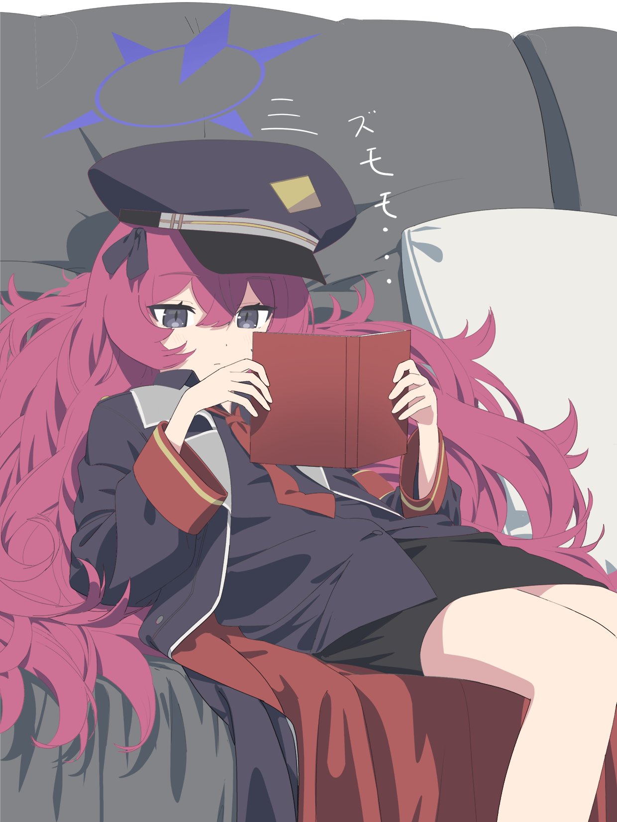 1girl armband black_headwear black_shirt blue_archive book collared_shirt couch grey_eyes hair_between_eyes halo hat highres holding holding_book iroha_(blue_archive) jacket long_hair long_sleeves loose_necktie military_hat military_jacket military_uniform necktie on_couch open_book peaked_cap pencil_skirt reading red_armband red_necktie redhead shirt sitting skirt slouching solo uniform very_long_hair wasabi60 wavy_hair