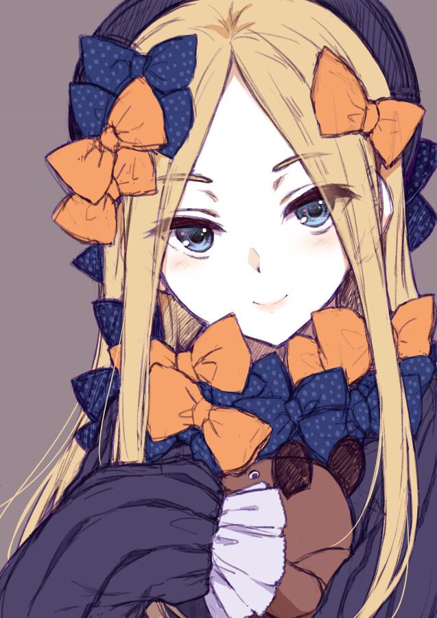 1girl abigail_williams_(fate) beret black_bow black_dress black_headwear blonde_hair blue_eyes blush bow dress fate/grand_order fate_(series) grey_background hair_bow hat holding holding_stuffed_toy long_hair long_sleeves looking_at_viewer multiple_hair_bows nanatsugumi orange_bow parted_bangs polka_dot polka_dot_bow simple_background sketch sleeves_past_fingers sleeves_past_wrists smile solo stuffed_animal stuffed_toy teddy_bear upper_body