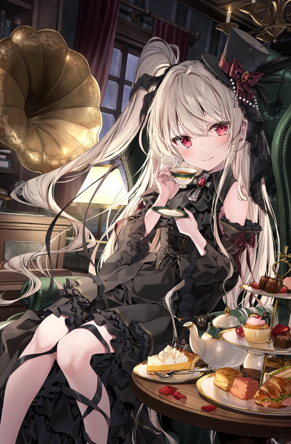 1girl bare_shoulders black_bow black_dress blush bow cake cake_slice cross cup dessert dress food food_on_face frilled_dress frills gothic_lolita hair_ornament hat highres holding indoors kakao_rantan lolita_fashion long_hair looking_at_viewer mini_hat original plate red_eyes side_ponytail sitting smile solo strawberry_shortcake table tea teacup