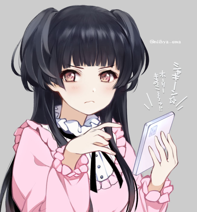 1girl black_hair blush brown_eyes cellphone closed_mouth frilled_shirt_collar frills frown grey_background hands_up holding holding_phone idolmaster idolmaster_shiny_colors long_hair long_sleeves looking_at_viewer mayuzumi_fuyuko mopiwo neck_ribbon phone pink_shirt ribbon shirt simple_background solo translation_request twitter_username two_side_up upper_body v-shaped_eyebrows