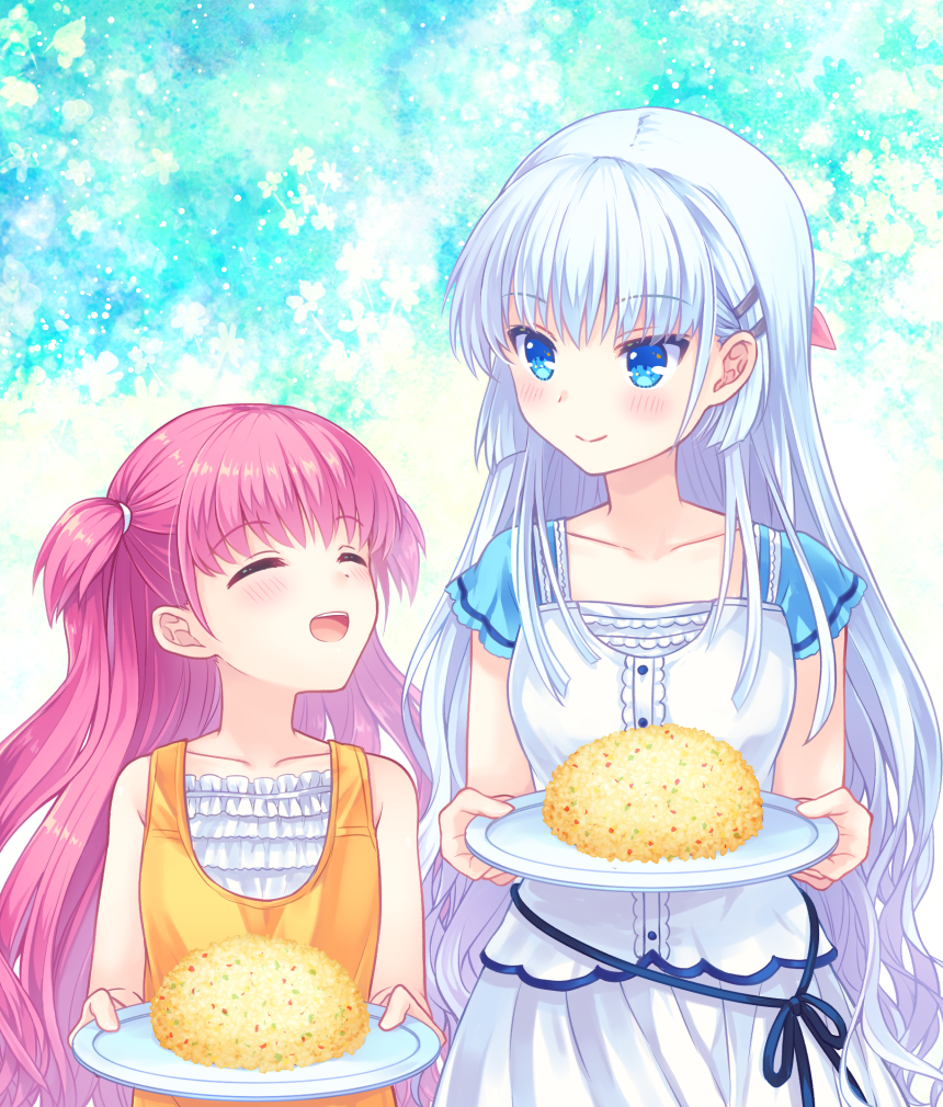 2girls ^_^ blue_background blue_eyes blue_ribbon blush center_frills closed_eyes closed_mouth collarbone commentary cowboy_shot dress female_child food fried_rice frills hair_between_eyes hair_ornament hairclip hands_up head_tilt holding holding_tray katou_umi kousetsu long_hair looking_at_another multiple_girls naruse_shiroha open_mouth orange_dress purple_hair ribbon short_sleeves sidelocks simple_background sleeveless sleeveless_dress smile straight-on summer_pockets teeth tray two_side_up upper_body upper_teeth_only very_long_hair white_dress white_hair