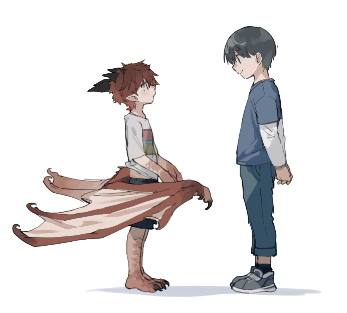 2boys arms_behind_back barefoot black_hair child claws dragon_boy dragon_horns dragon_wings full_body horns looking_at_another male_child male_focus mullmull02 multiple_boys original pointy_ears redhead scales simple_background white_background wings