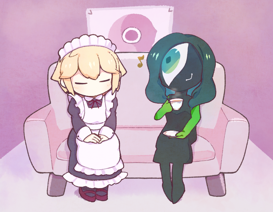 2girls alternate_costume apron black_dress black_pantyhose black_skin blonde_hair closed_mouth colored_skin commentary_request couch cup cyclops dress eighth_note elbow_gloves enmaided frilled_apron frilled_dress frills gloves green_eyes green_gloves green_hair hair_flaps hand_up hands_on_lap holding holding_cup holding_saucer indoors juliet_sleeves kekorin5 light_blush long_sleeves maid maid_headdress mary_janes medium_hair midori_tokuro_(yume_2kki) multiple_girls multiple_sources musical_note neck_ribbon no_mouth no_nose on_couch one-eyed pantyhose puffy_sleeves red_footwear red_ribbon ribbon saucer shoes sitting smile steam teacup urotsuki v_arms white_apron yume_2kki