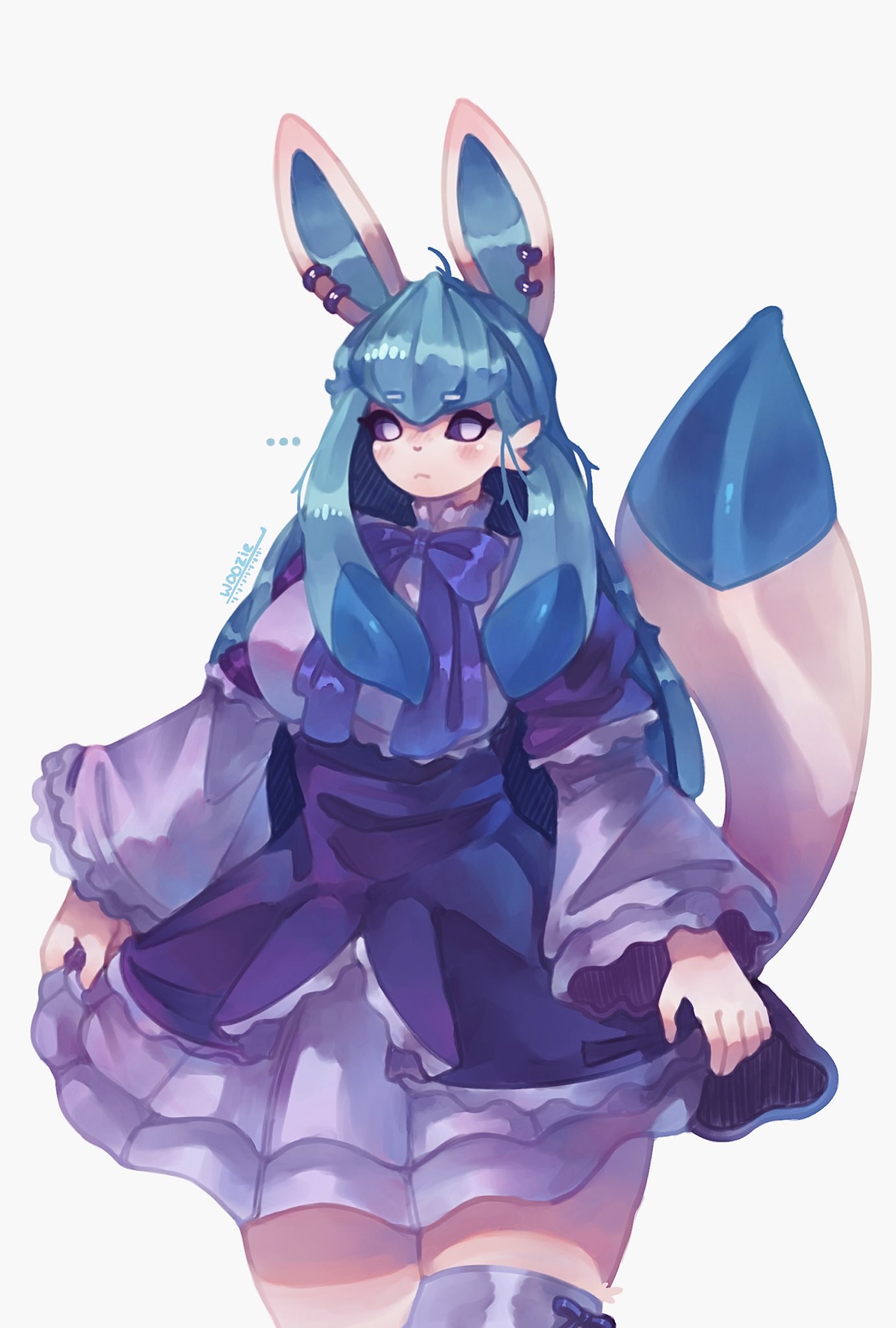 ... animal_ears artist_name blush body_fur borrowed_design bow colored_sclera cosplay_request dress ear_piercing frown glaceon grey_eyes high-waist_skirt highres looking_to_the_side personification piercing pokemon purple_bow purple_dress purple_sclera single_thighhigh skindentation skirt tail thigh-highs umineko_no_naku_koro_ni white_fur woozie