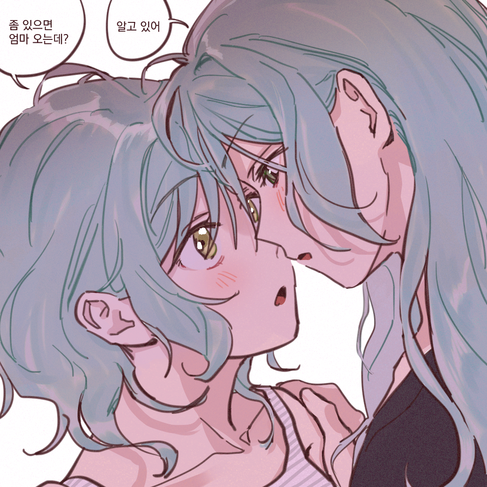 2girls aqua_hair bang_dream! bare_shoulders black_shirt blush camisole collarbone commentary eye_contact forehead-to-forehead green_eyes hair_between_eyes hand_on_another's_shoulder heads_together hikawa_hina hikawa_sayo incest korean_text long_hair looking_at_another medium_hair multiple_girls open_mouth shadow shirt siblings sidelocks simple_background sisters striped_camisole translation_request twincest twins upper_body white_background yuri zihacheol