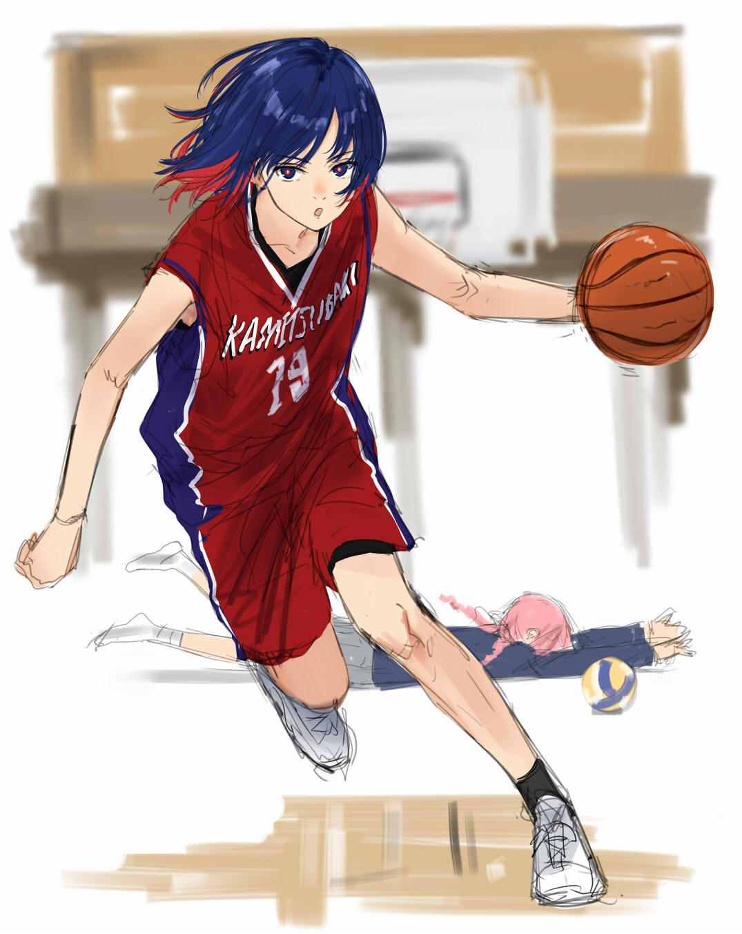 2girls ball basketball basketball_(object) basketball_jersey basketball_uniform black_socks blazer blue_eyes blue_hair blue_jacket braid collarbone colored_inner_hair commentary copyright_name faceplant floating_hair grey_skirt highres holding holding_ball isshiki_(ffmania7) jacket kaf_(kamitsubaki_studio) kamitsubaki_studio long_hair looking_ahead medium_hair multicolored_eyes multicolored_hair multiple_girls open_mouth outstretched_arms pink_hair pleated_skirt red_eyes red_shirt red_shorts redhead rim_(kamitsubaki_studio) running school_uniform serious shirt shoes shorts sketch skirt sleeveless sleeveless_shirt sneakers socks solo_focus sportswear standing standing_on_one_leg symbol-only_commentary tripping twin_braids virtual_youtuber volleyball_(object) white_footwear yellow_pupils