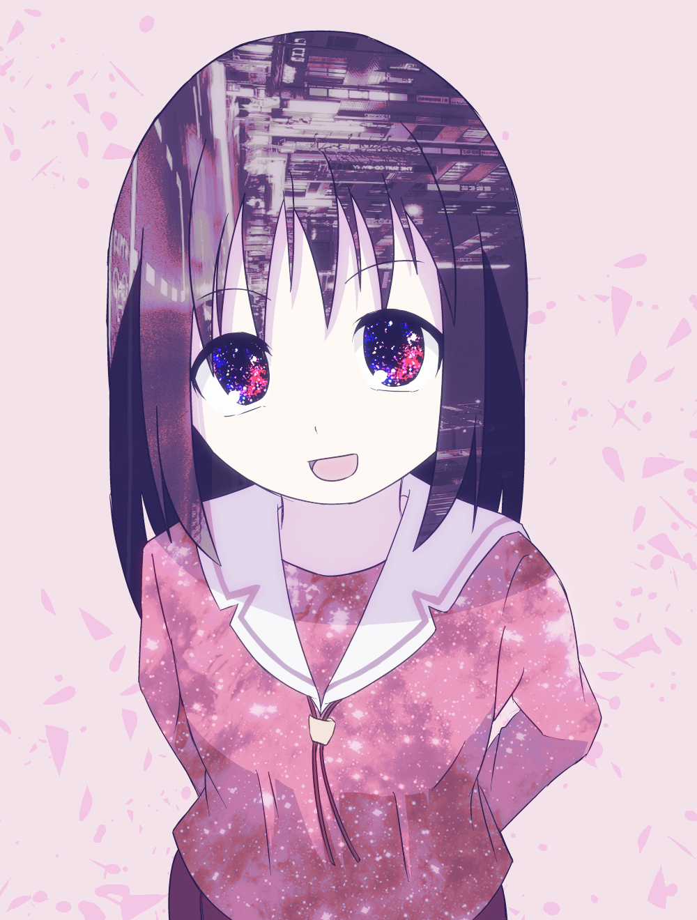 1girl :d alternate_eye_color arms_behind_back azumanga_daioh azumanga_daioh's_school_uniform breasts brown_hair commentary from_above glitch highres kasuga_ayumu kobaryo looking_at_viewer looking_up medium_hair neck_ribbon open_mouth pink_background pink_serafuku pink_shirt pink_theme pleated_skirt red_eyes red_ribbon red_skirt ribbon sailor_collar school_uniform serafuku shards shirt skirt small_breasts smile solo upper_body upturned_eyes white_sailor_collar