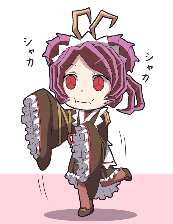 1girl antennae apron arthropod_girl brown_footwear brown_kimono brown_pantyhose closed_mouth commentary_request dancing double_bun entoma_vasilissa_zeta extra_pupils fangs full_body hair_bun hand_up japanese_clothes kimono kyuutou_(kyuutouryuu) maid maid_headdress mary_janes monster_girl motion_lines overlord_(maruyama) pantyhose purple_hair red_eyes shadow shoes short_hair simple_background skin_fangs sleeves_past_wrists smile solo sound_effects standing standing_on_one_leg white_apron white_background