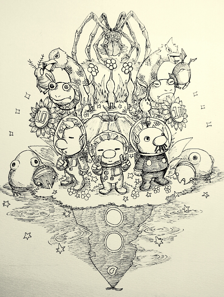 25610si 3boys bulbear bulborb bumbling_snitchbug burrowing_snagret commentary_request double_v facial_hair female_sheargrub flower frog greyscale leaf louie_(pikmin) male_sheargrub monochrome multiple_boys mustache nose olimar pikmin_(creature) pikmin_(series) pikmin_2 pileated_snagret president_(pikmin) simple_background spacesuit swooping_snitchbug titan_dweevil traditional_media v white_flower wollywog yellow_wollywog