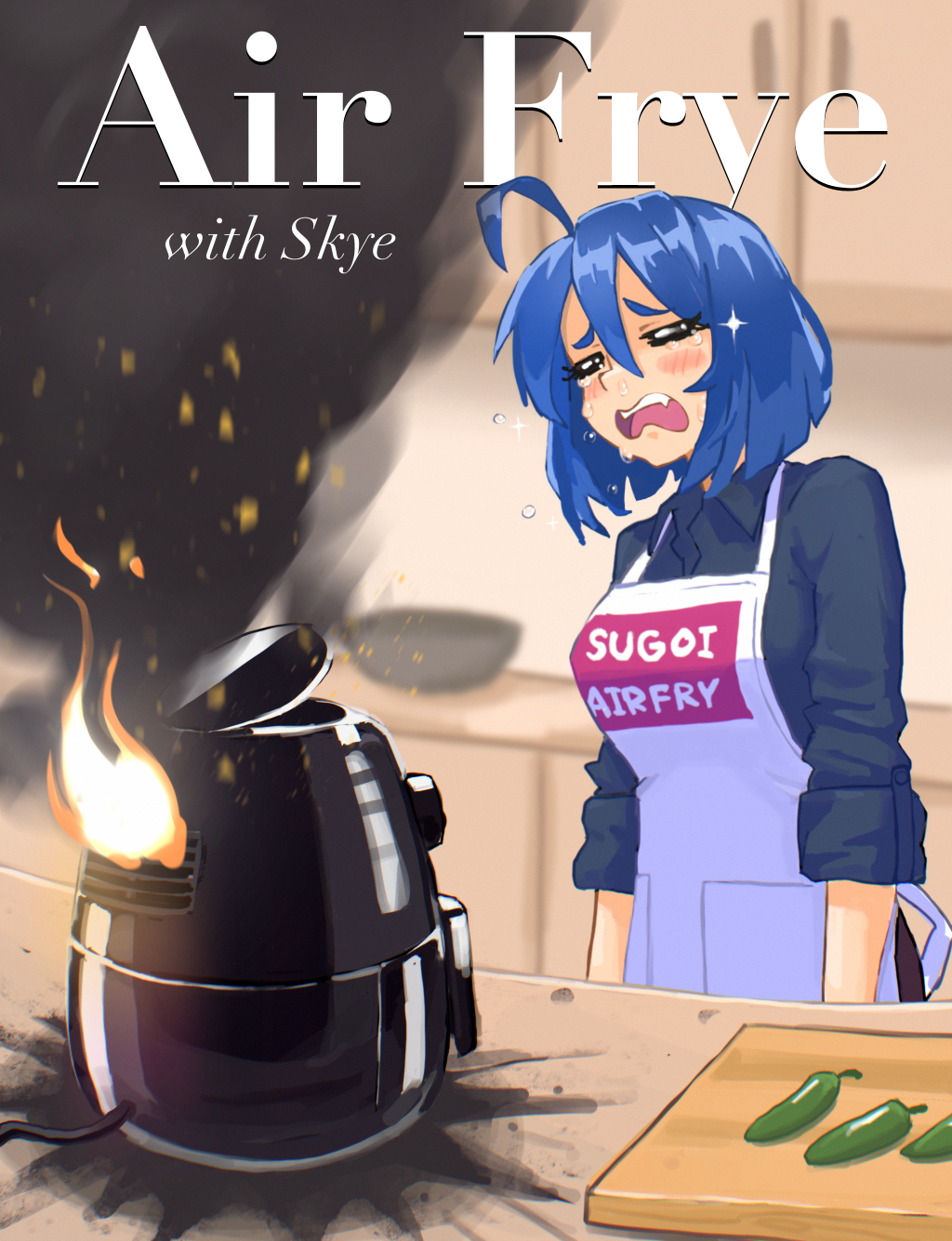 1girl ahoge air_fryer apron black_shirt blue_hair blurry blush chili_pepper closed_eyes collared_shirt crying depth_of_field english_commentary english_text fire hair_between_eyes hcnone highres jalapeno_pepper kitchen meme_attire original print_apron shirt short_hair skye_(hcnone) sleeves_rolled_up smoke snot solo sugoi_dekai upper_body white_apron
