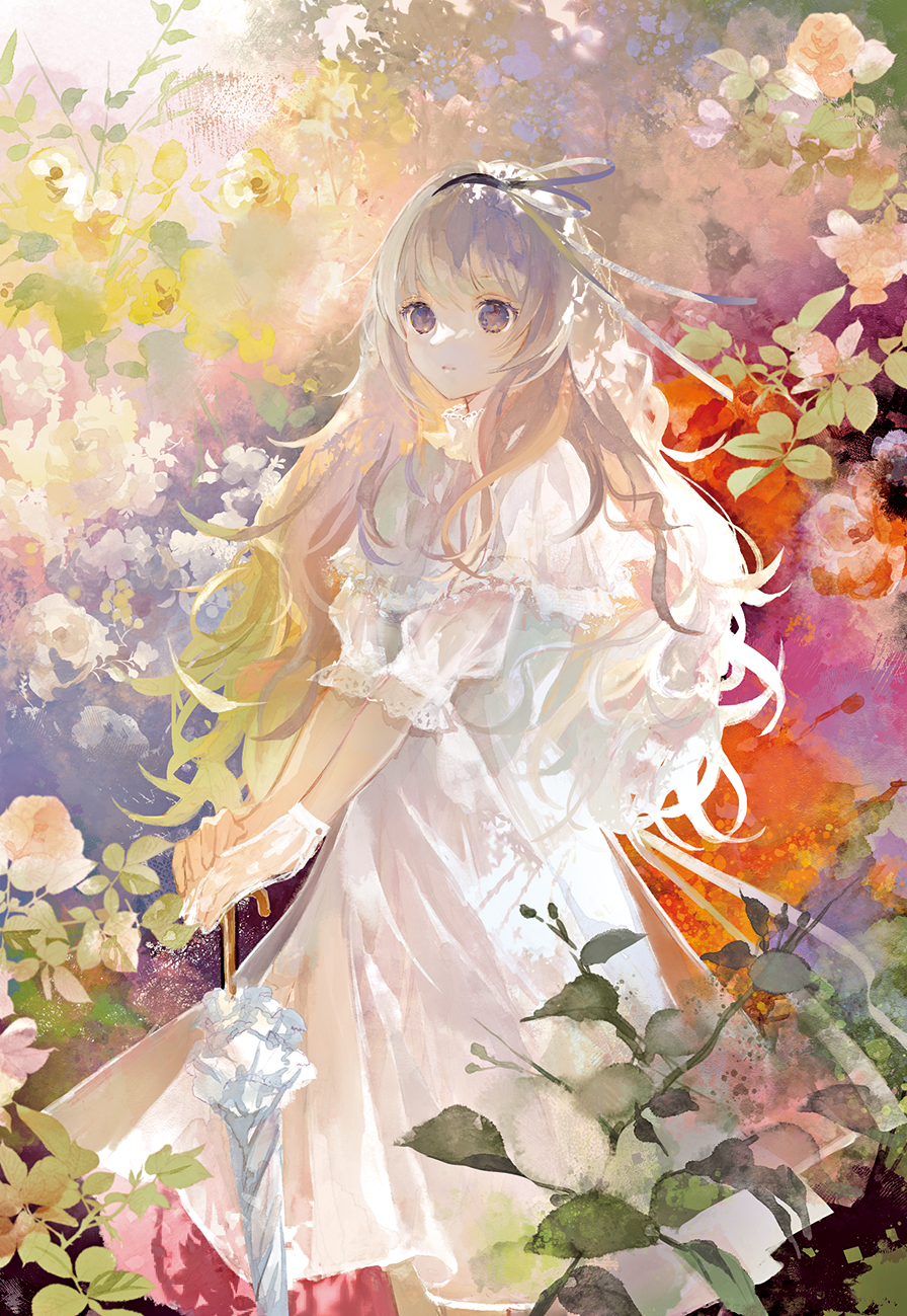 1girl blue_leaf blush brown_eyes commentary dress floral_background flower full_body gloves hair_ornament highres holding holding_umbrella leaf long_hair niwa_haruki open_mouth original pink_flower red_flower single_glove sleeveless solo standing symbol-only_commentary umbrella watercolor_background watercolor_effect white_dress white_flower white_gloves white_hair yellow_flower