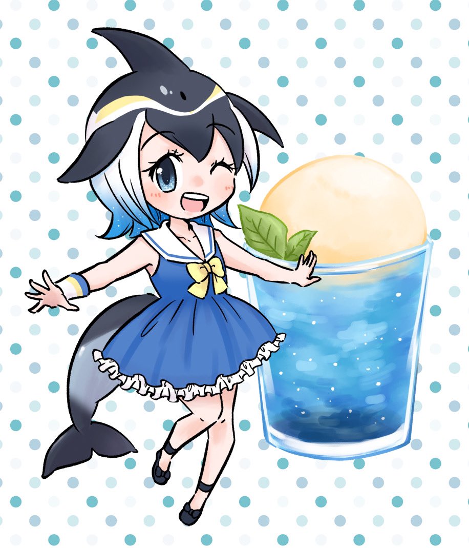 1girl bare_shoulders black_bow black_footwear black_hair blonde_hair blowhole blue_dress blue_eyes blue_hair blush bow bowtie cetacean_tail collarbone common_dolphin_(kemono_friends) dolphin_girl dorsal_fin dress fins fish_tail flats footwear_bow frilled_dress frills glass head_fins honoka3049 kemono_friends looking_at_viewer multicolored_hair one_eye_closed sailor_collar sailor_dress short_hair smile solo tail white_hair wristband yellow_bow yellow_bowtie