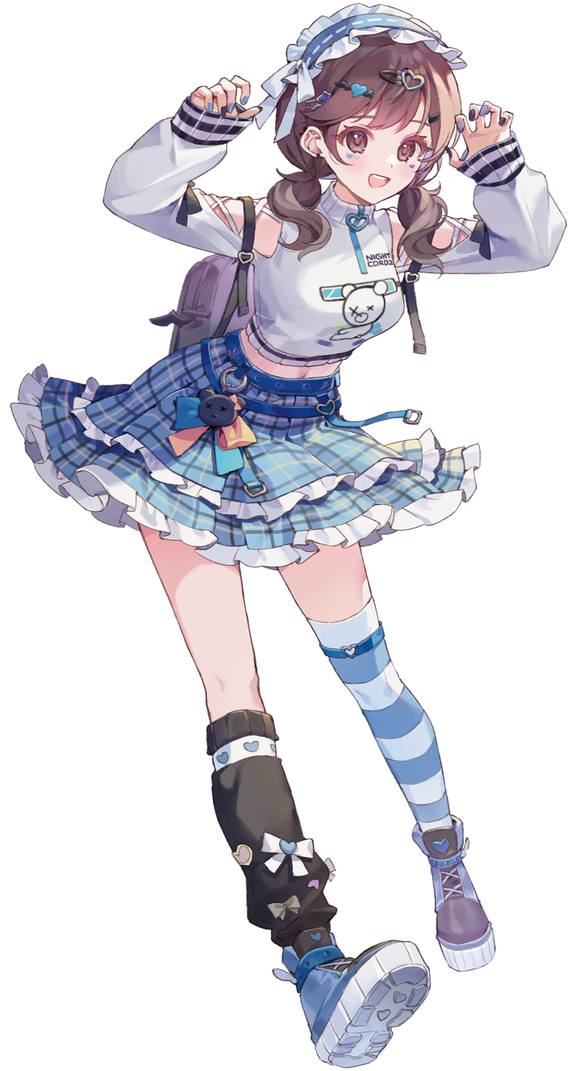 1girl asymmetrical_legwear blue_skirt brown_hair claw_pose cropped_sweater frilled_skirt frills hairband highres layered_skirt lolita_hairband long_sleeves looking_at_viewer low_twintails mismatched_legwear negai_wa_itsuka_asa_o_koete_(project_sekai) official_alternate_color official_alternate_costume plaid plaid_skirt project_sekai sha_(nz2) shinonome_ena short_twintails simple_background single_leg_warmer single_thighhigh skirt solo striped striped_thighhighs sweater thigh-highs twintails white_background white_sweater