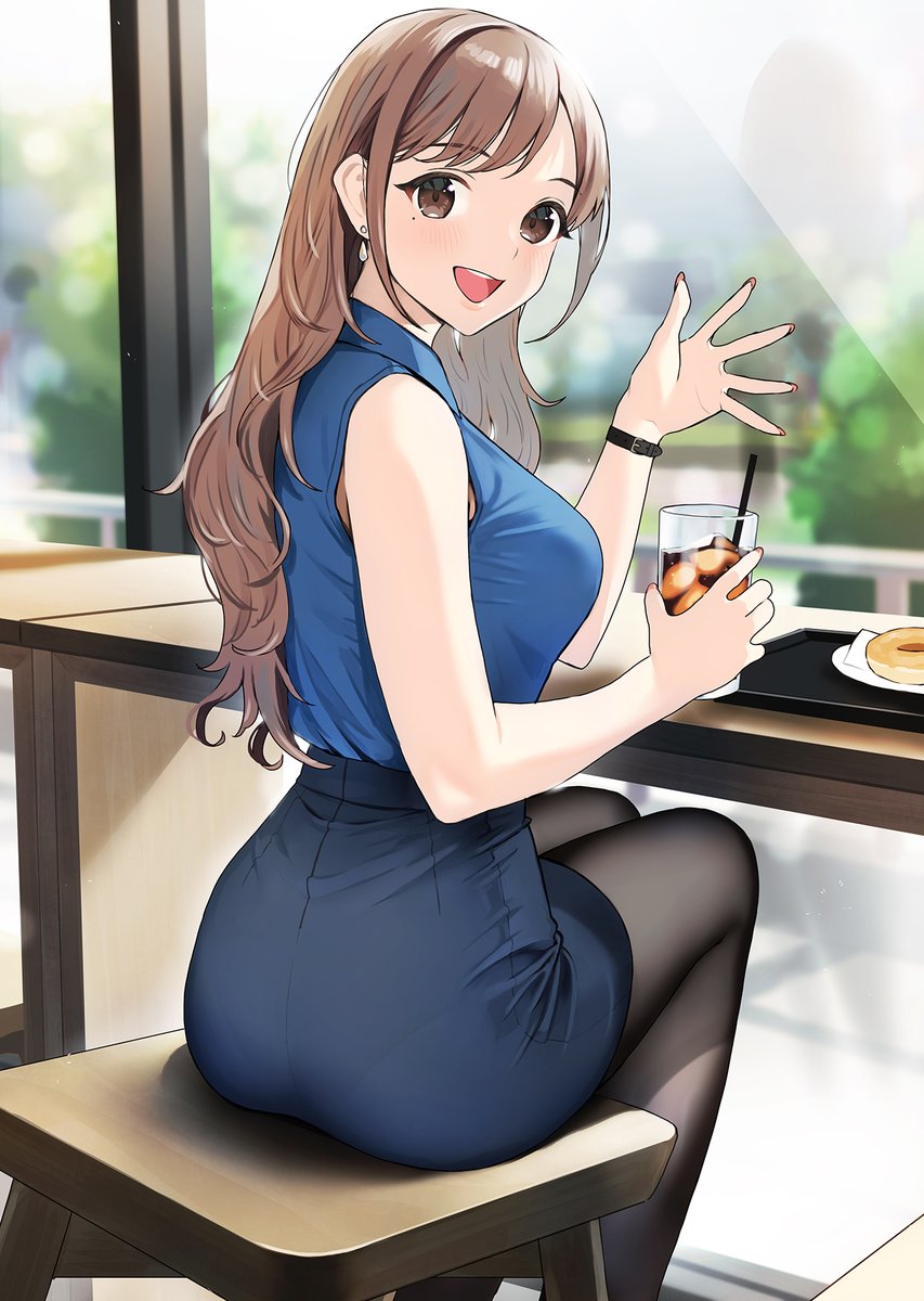 1girl arm_up arms_up black_pantyhose blue_skirt blurry blurry_background blush breasts brown_eyes brown_hair chair cup doushimasho drink drinking_glass drinking_straw food high-waist_skirt highres holding holding_cup indoors large_breasts long_hair looking_at_viewer nail_polish office_lady open_mouth original outdoors pantyhose pencil_skirt pink_nails plate shirt skirt sleeveless sleeveless_shirt stool table teeth tray tree upper_teeth_only watch watch window wooden_stool wooden_table
