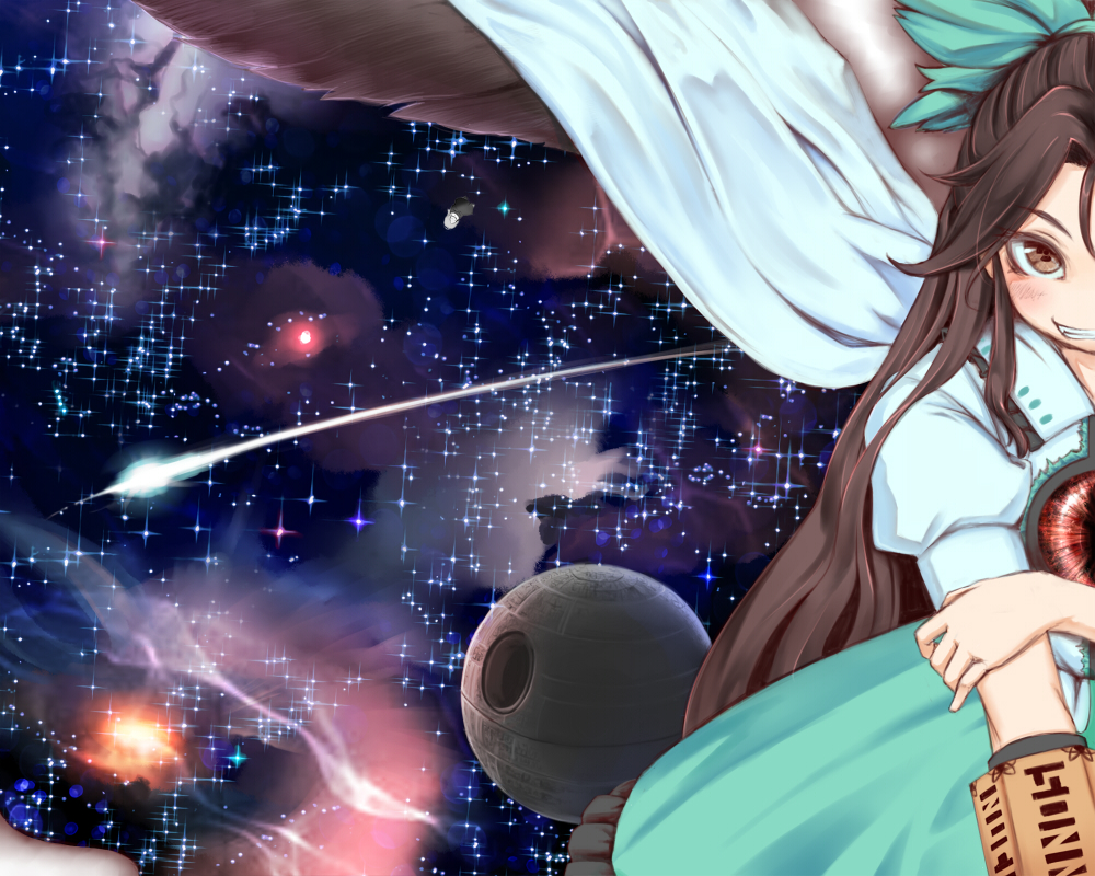 1girl arm_cannon bird_wings blush bow brown_eyes brown_hair cape collared_shirt commentary_request control_rod cowboy_shot death_star fmn_(artist) frilled_shirt_collar frills galaxy green_bow green_skirt grin hair_bow long_hair looking_at_viewer medium_bangs meteor nebula print_cape puffy_short_sleeves puffy_sleeves radiation_symbol radiation_symbol-shaped_pupils reiuji_utsuho shirt short_sleeves sidelocks skirt sky smile solo space star_(sky) star_wars starry_sky starry_sky_print symbol-shaped_pupils third_eye touhou very_long_hair weapon white_cape white_shirt wings