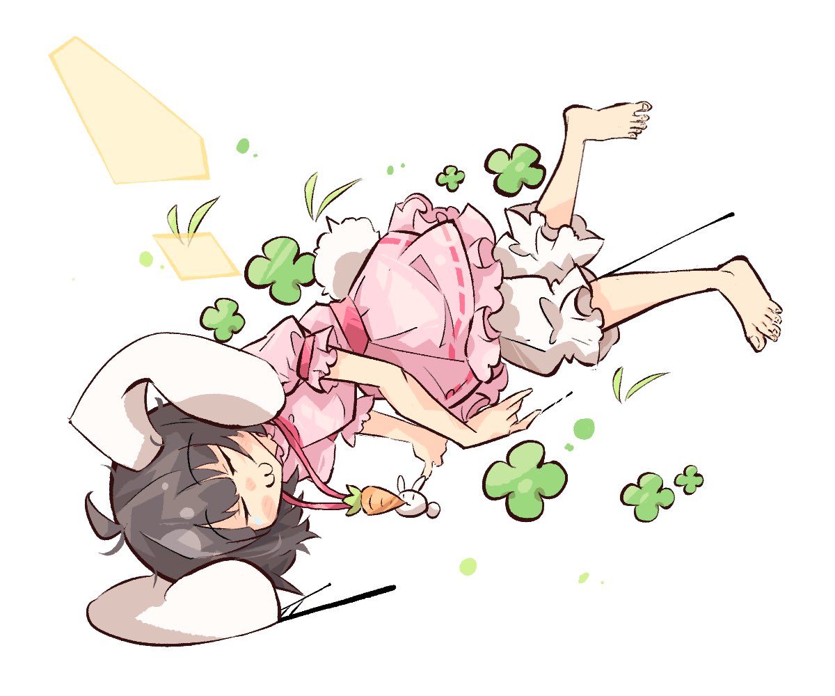 1girl :3 barefoot black_hair bob_cut carrot_necklace closed_eyes clover dress fangs four-leaf_clover full_body inaba_tewi jewelry necklace on_floor pillow pink_dress primsla rabbit_tail short_hair simple_background sleeping solo tail touhou white_background