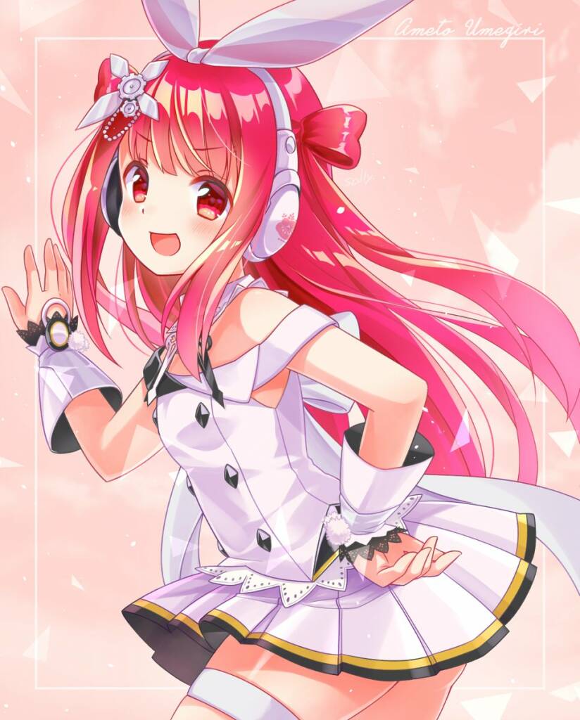 1girl beatmania red_eyes red_hair twintails two_side_up umegiri_ameto white_dress