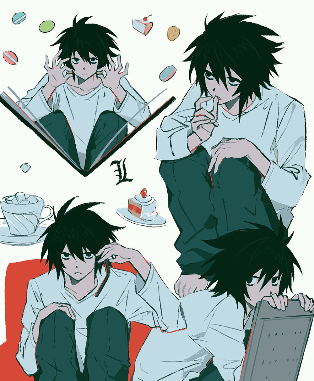 1boy barefoot black_eyes black_hair cake cake_slice cellphone chair character_name commentary cup death_note flip_phone food hair_between_eyes hand_on_own_knee hand_up hands_up highres holding holding_phone knees_up l_(death_note) long_sleeves looking_at_viewer macaron parted_lips phone plate shirt short_hair sitting talking_on_phone ttk211 white_shirt