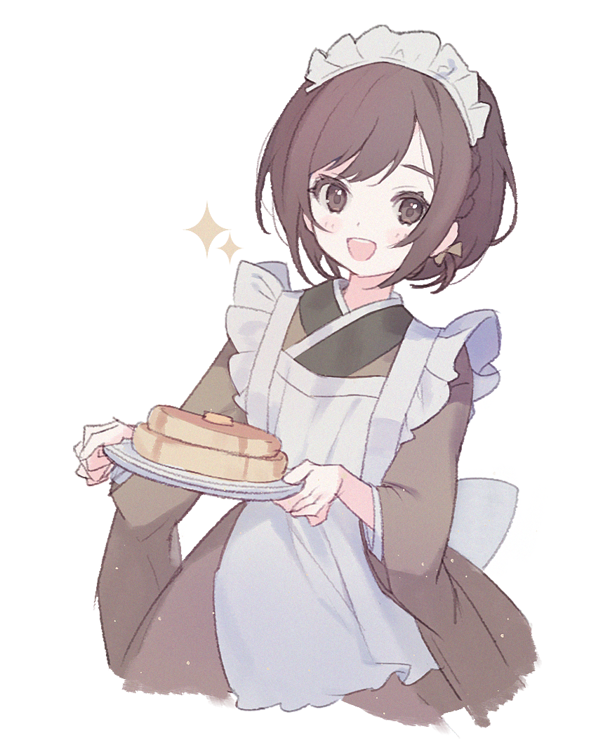 1girl apron blush bow braid brown_hair brown_kimono food happy holding holding_plate japanese_clothes kimono long_sleeves looking_at_viewer maid maid_headdress open_mouth pancake plate project_sekai sha_(nz2) shinonome_ena short_hair simple_background smile solo upper_body wa_maid white_apron white_background white_bow wide_sleeves