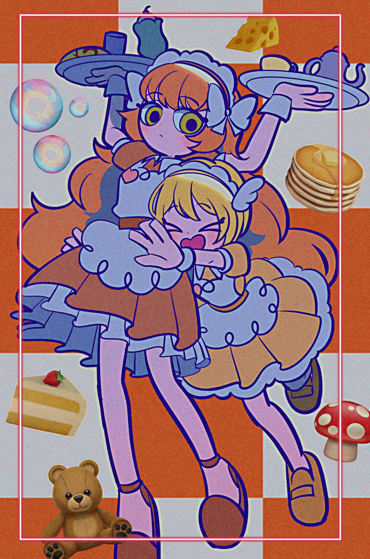 2girls apron blonde_hair bubble cake checkered_background cheese closed_eyes color8838 don_quixote_(limbus_company) food highres holding holding_tray ice_cream ishmael_(limbus_company) limbus_company long_hair multiple_girls open_mouth orange_hair pancake project_moon stuffed_animal stuffed_toy teddy_bear tray tripping very_long_hair waitress