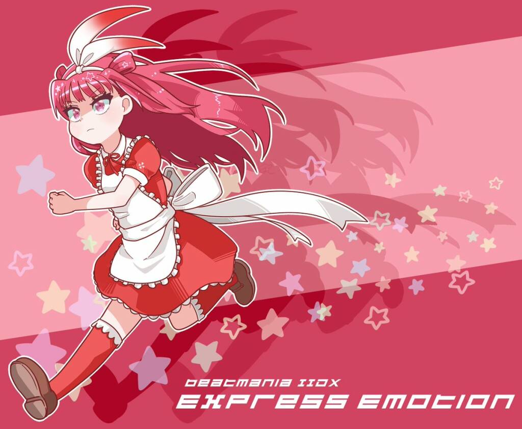 1girl beatmania red_background red_dress red_eyes red_hair running star twintails two_side_up umegiri_ameto