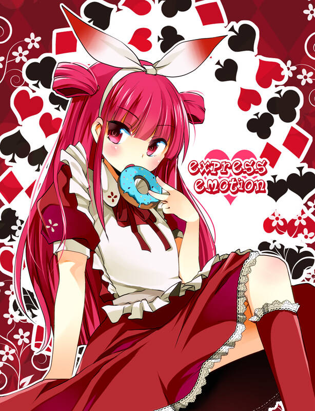 1girl beatmania doughnut food red_dress red_eyes red_hair twintails two_side_up umegiri_ameto