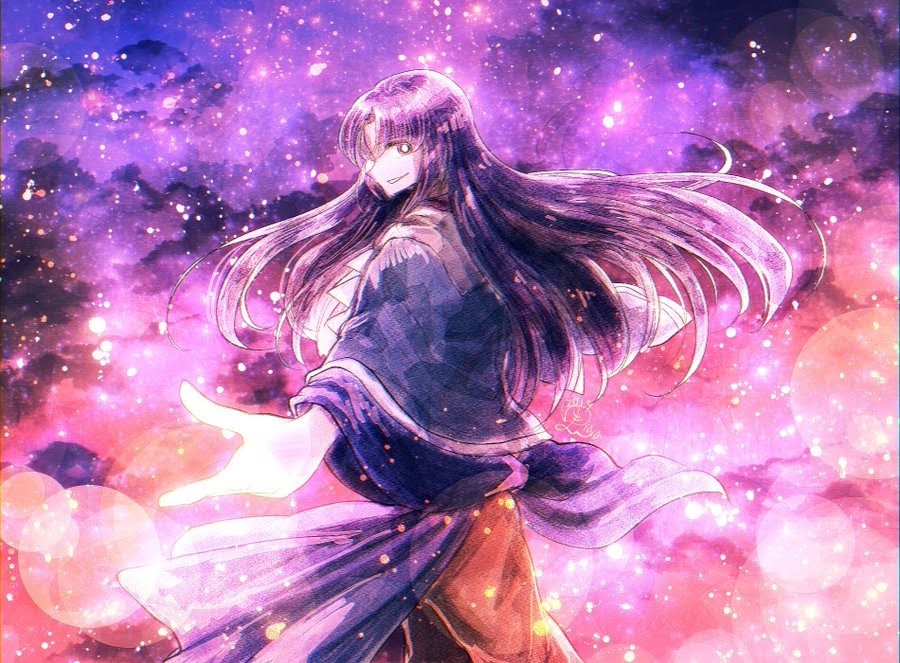 1other androgynous ascot bad_id bad_pixiv_id blue_coat brown_pants clause coat from_behind len'en long_hair long_sleeves looking_at_viewer looking_back open_mouth outstretched_arms pants purple_hair smile space star_(sky) teeth violet_eyes white_ascot wide_sleeves yukkyon_kyon
