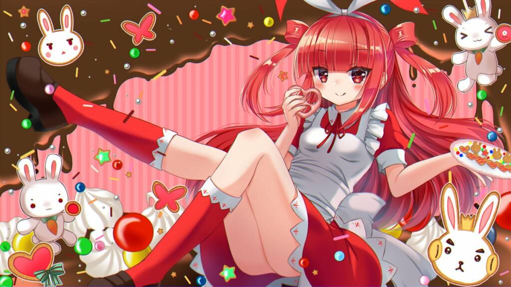 1girl beatmania food red_dress red_eyes red_hair twintails two_side_up umegiri_ameto