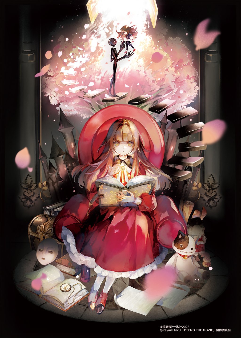 armchair black_footwear blunt_bangs book brown_eyes brown_hair chair closed_mouth deemo deemo_(character) doll dress expressionless falling_petals floating frilled_dress frills girl_(deemo) highres holding holding_book long_hair long_sleeves looking_at_viewer mask niwa_haruki official_art open_book petals red_dress shoes sidelocks sitting socks spotlight stairs straight-on white_socks