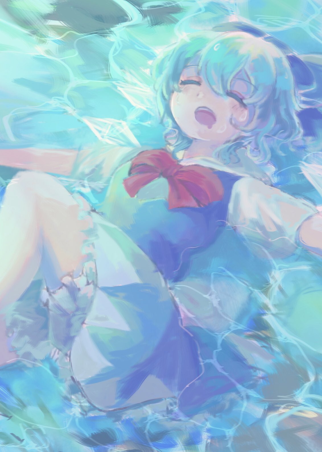 afloat blue_dress blue_hair bow bowtie cirno closed_eyes dress highres in_water lying medium_hair mozu_(tamakonnyaku) on_back open_mouth outstretched_arms red_bow red_bowtie short_sleeves solo spread_arms teeth touhou upper_teeth_only white_hair