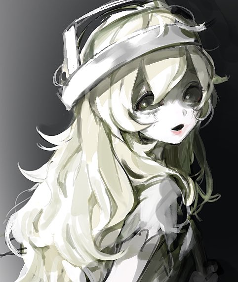 1girl black_background black_eyes blonde_hair dress galatea_(identity_v) gradient_background hair_between_eyes headgear hoge_(n8sss) identity_v lipstick long_hair looking_at_viewer looking_to_the_side makeup messy_hair parted_lips runny_makeup short_sleeves solid_eyes solo torn_clothes torn_sleeves upper_body white_dress