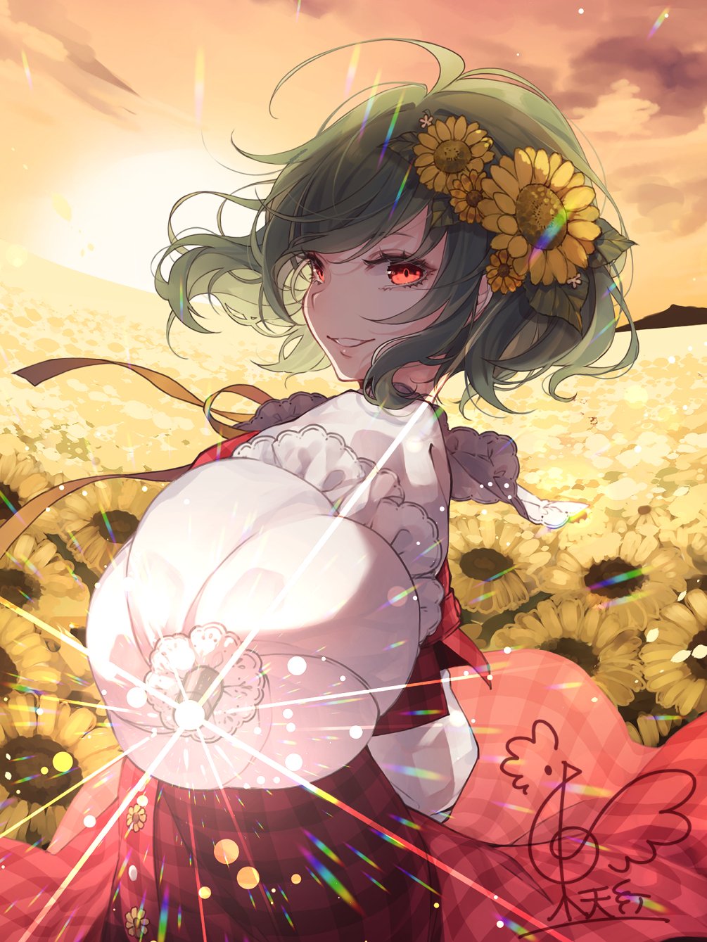 1girl commentary_request field flower flower_field from_side green_hair hair_flower hair_ornament highres kazami_yuuka light_particles looking_at_viewer outdoors plaid plaid_skirt pointing_weapon red_eyes red_skirt red_vest shirt short_hair signature skirt smile solo sunflower touhou toutenkou umbrella vest white_shirt white_umbrella yellow_flower