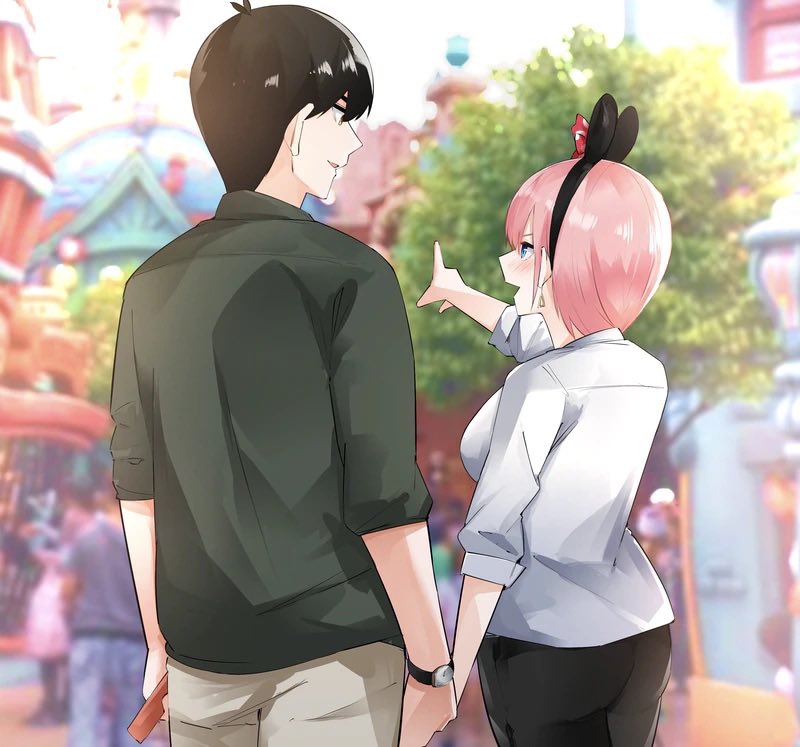 1boy 1girl animal_ears antenna_hair black_hair black_hairband blue_eyes blurry blurry_background blush breasts commentary_request commission couple cowboy_shot disneyland earrings fake_animal_ears from_behind go-toubun_no_hanayome green_shirt hair_between_eyes hairband hand_up hetero holding_hands jewelry large_breasts long_sleeves looking_afar looking_at_another mame1645 mouse_ears nakano_ichika open_mouth orange_eyes parted_lips photo_background pink_hair pointing pointing_forward profile second-party_source shirt short_hair skeb_commission smile standing straight_hair uesugi_fuutarou watch watch white_shirt