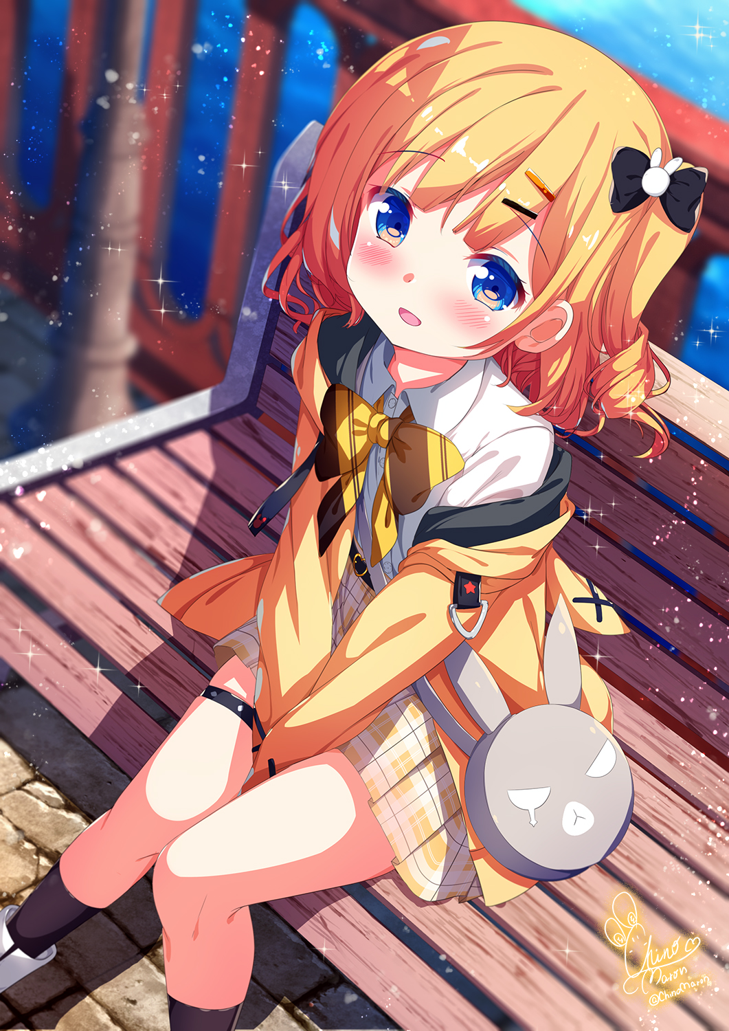 1girl :d animal_ears animal_hood artist_name bag between_legs black_bow black_socks blonde_hair blue_eyes blurry blurry_background blush boots bow chinomaron collared_shirt commentary_request day depth_of_field drawstring dress_shirt fake_animal_ears feet_out_of_frame gochuumon_wa_usagi_desu_ka? hair_bow hair_ornament hand_between_legs highres hood hood_down hooded_jacket jacket kirima_syaro knees_together_feet_apart looking_at_viewer off_shoulder on_bench one_side_up outdoors plaid plaid_skirt pleated_skirt rabbit_ears rabbit_hair_ornament rabbit_hood railing shirt shoulder_bag signature sitting skindentation skirt smile socks solo thigh_strap twitter_username water white_footwear white_shirt wild_geese yellow_bow