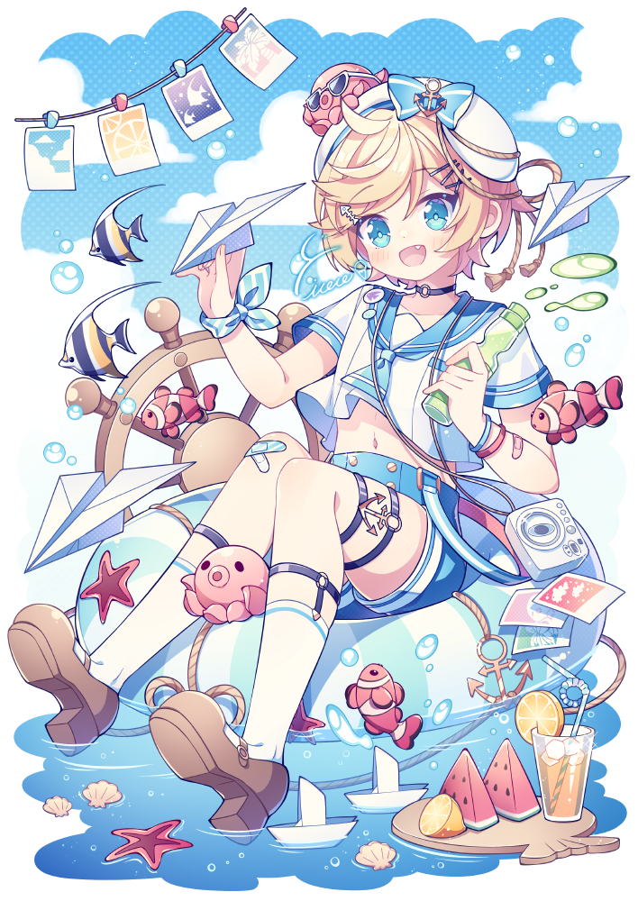1boy :d anchor_hair_ornament blonde_hair blue_eyes blue_sailor_collar blue_shorts blush brown_footwear clownfish commentary drink drinking_straw fang fish food fruit hair_ornament hairclip halftone hat holding holding_drink hyou_(pixiv3677917) ice ice_cube innertube looking_at_viewer male_focus multiple_bracelets navel o-ring o-ring_thigh_strap open_mouth orange_(fruit) orange_slice original paper_airplane polaroid sailor_collar sailor_hat school_uniform serafuku shirt shoes shorts sidelocks sitting smile socks solo symbol-only_commentary thigh_strap water watermelon watermelon_slice white_shirt white_socks wind wind_lift