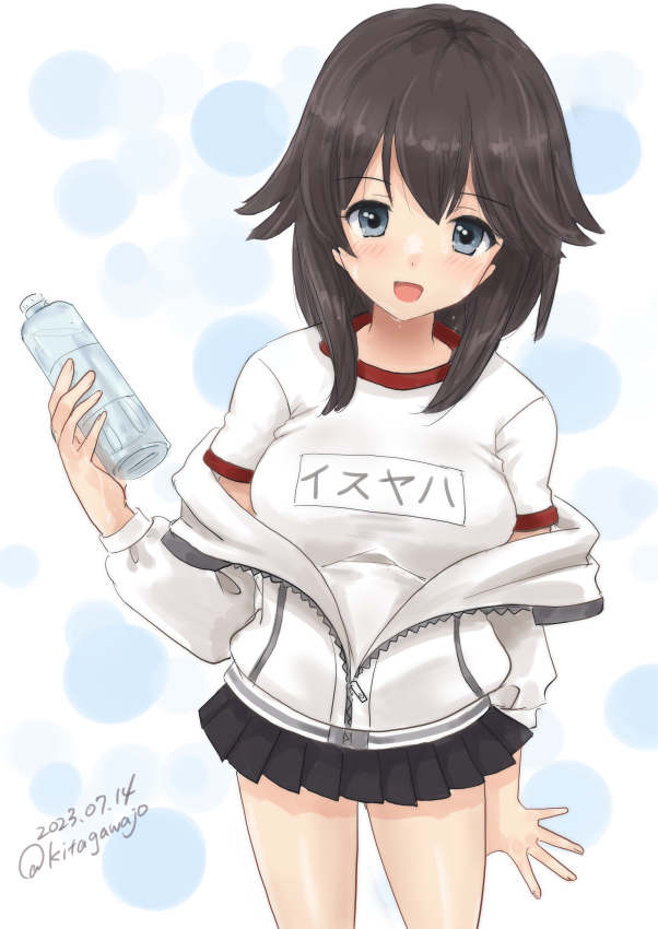 1girl black_hair black_skirt bottle breasts commentary_request grey_eyes gym_shirt hayasui_(kancolle) holding holding_bottle jacket kantai_collection kitagawa_mikio large_breasts medium_hair miniskirt name_tag one-hour_drawing_challenge open_clothes open_jacket open_mouth pleated_skirt shirt skirt solo track_jacket white_jacket