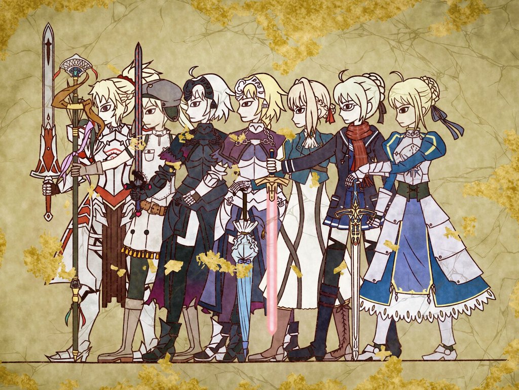 6+girls armor artoria_caster_(first_ascension)_(fate) artoria_pendragon_(fate) blonde_hair crossover fate/grand_order fate_(series) from_side holding holding_staff holding_sword holding_weapon jeanne_d'arc_(fate) jeanne_d'arc_alter_(fate) kita_(7kita) look-alike mordred_(fate) multiple_girls mysterious_heroine_x_alter_(fate) saber staff sword violet_evergarden violet_evergarden_(series) weapon