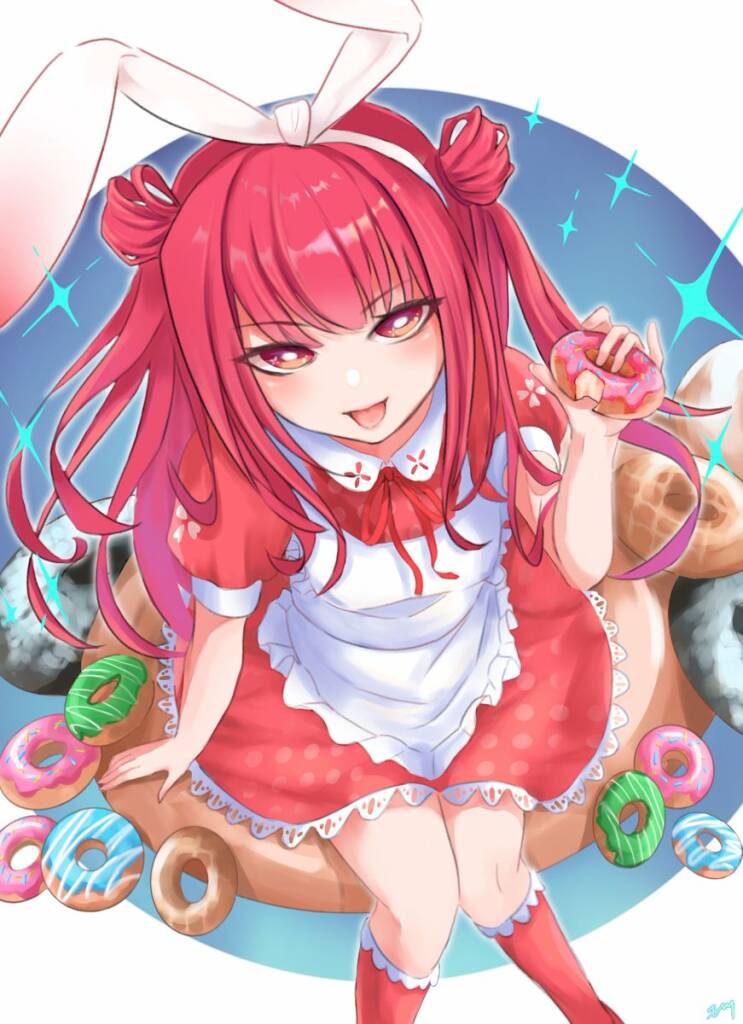 1girl beatmania food red_background red_dress red_eyes red_hair tongue tongue_out twintails two_side_up umegiri_ameto